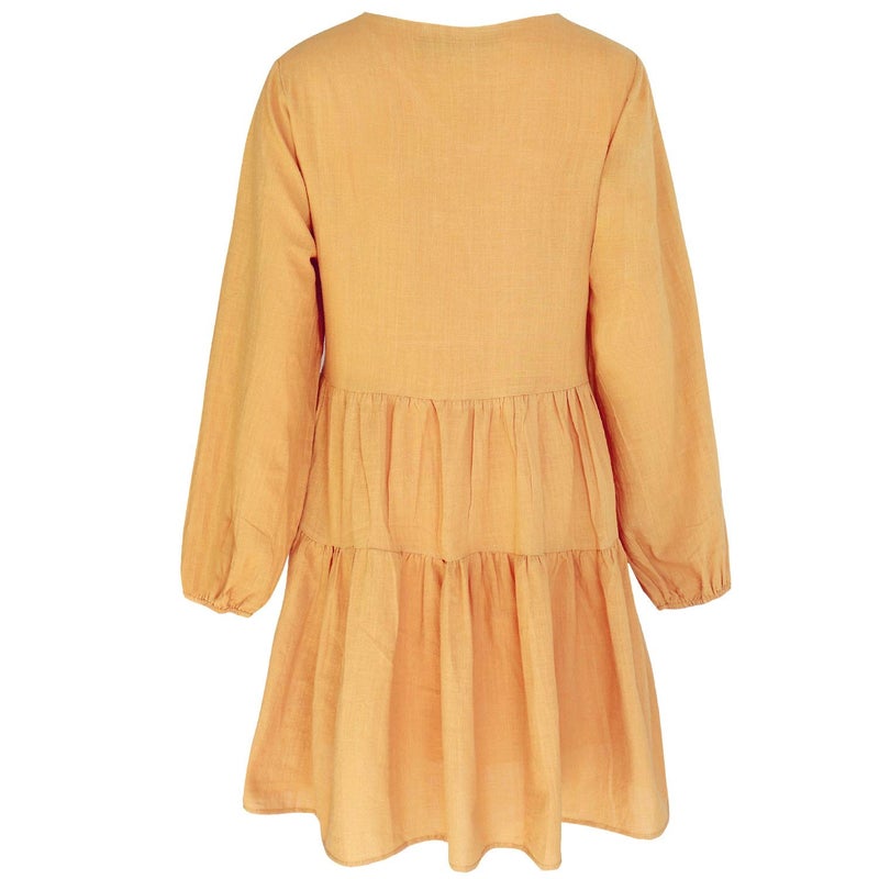 FANCYINN Womens Cute Shift Tunic Dress Babydoll Long Lantern Sleeves V Neck Beach Ruffle Mini Dresses & Pockets Mustard S - Image 5